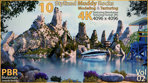 +10 Stylized Muddy Rocks - Lowpoly Model - Vol02