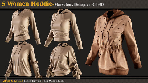 5 Women Hoodies /Marvelous Designer-Clo3D (ZPRJ + FBX + OBJ)