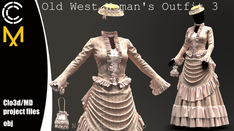 Old West Woman's Outfit 3. Marvelous Designer/Clo3d project + OBJ.