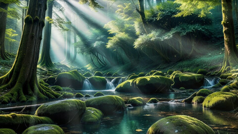 Forest landscape with a stream, mosquitoes and sun rays