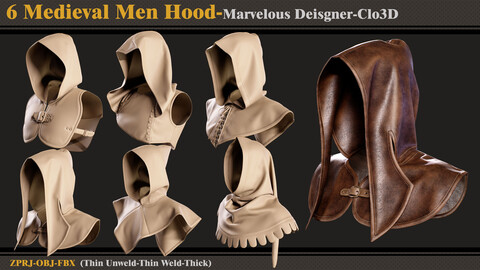 6 Medieval Men Hoods/Marvelous Designer-Clo3D(ZPRJ + FBX + OBJ)