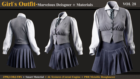 Girl's Outfit- MD/Clo3d + Smart Material + 4K Textures + OBJ + FBX (vol 28)