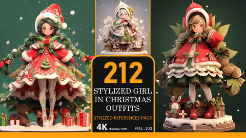 stylized girl in Christmas outfits Vol.103|4K-Stylized References Pack