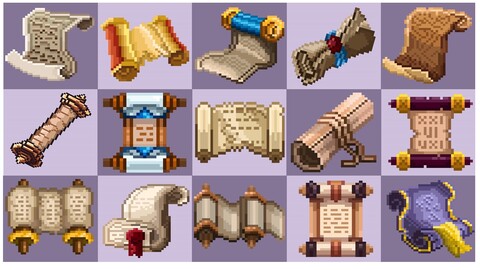 Pack of 15 assorted pixel art scrolls, RPG assets, vector illustration