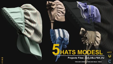 5 HATS MODESL VOL 2 (CLO3D AND MARVELOUS DESIGNER) ZPRJ, OBJ, FBX, UV