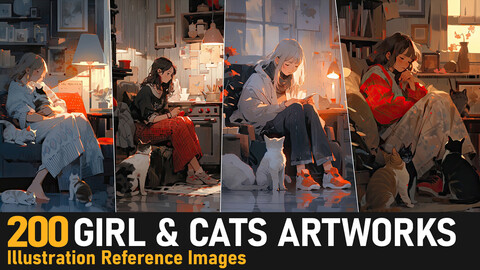 Girl & Cat Artwork | 4K Reference Images