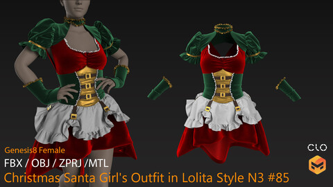 Christmas Santa Girl's Outfit in Lolita Style N3#85 _ MarvelousDesigner/CLO Project Files+fbx+obj+mtl _ Genesis8Female