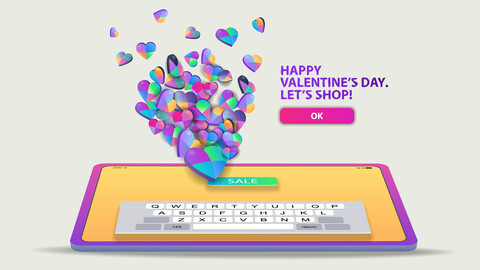 A lot of small colored hearts fly out of the sale button on the screen of a digital tablet