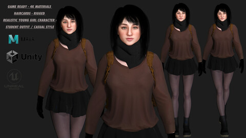 AAA 3D REALISTIC YOUNG GIRL CHARACTER -  SCHOOL GIRL / STUDENT / CASUAL OUTFIT
