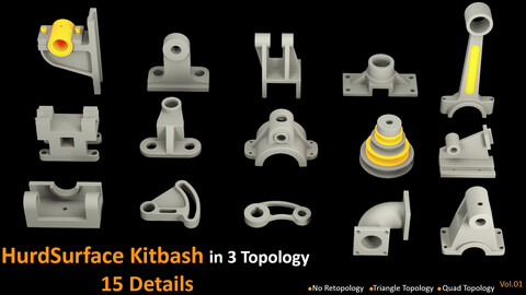 15 Detail Industrial HardSurface Kitbash + 3 Topology Vol.01