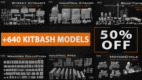 +640 Kitbash Models- Rooftops props/Street Kitbash/Industrial Kitbash/Industrial Pipes/ Windows Collection/5 Motorcycle
