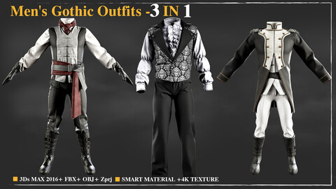 3 Men's Gothic Outfits / Marvelous Designer / 4k Textures/Smart material / OBJ-FBX