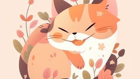 Smiling Cat - 4K HD Illustrated Feline Playing in a Flower Garden - Pet Wallpaper / Cute Background / Animal Reference Artwork / Kawaii Digital Print Download