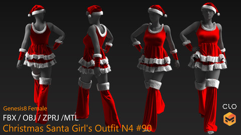 Christmas Santa Girl's Outfit N4 #90 _ MarvelousDesigner/CLO Project Files+fbx+obj+mtl _ Genesis8Female