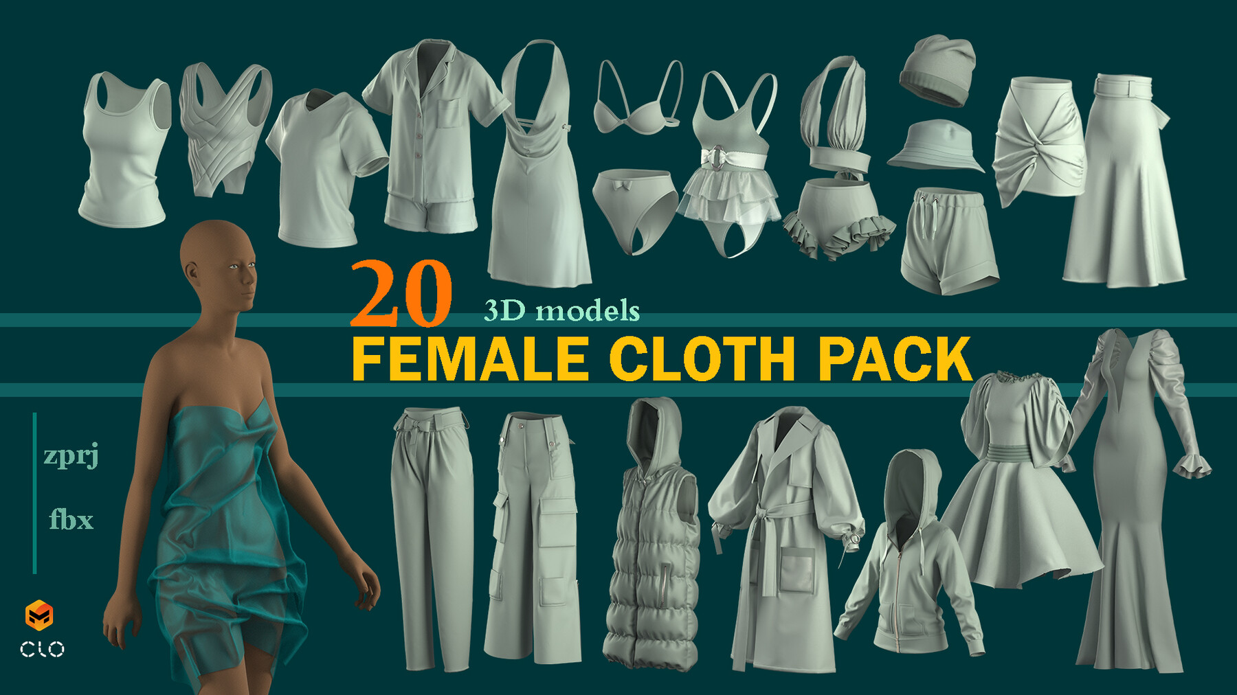 ArtStation - FEMALE CLOTH PACK (20 different models). CLO ,MD
