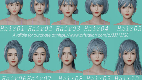 10 Real-time Women Hairstyles collection 01 hair stylized anime head woman female blonde brunette beautiful wig character hairstyle haircut human real time ingame unreal lowpoly