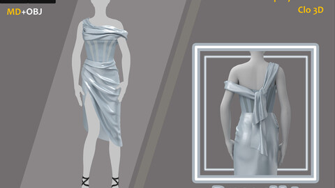 Off-the-shoulder dress_Marvelous designer(Clo3d) project_OBJ+ZPRJ