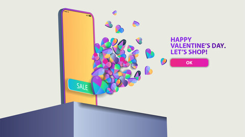 A lot of little hearts fly out of the sale button on the mobile phone screen