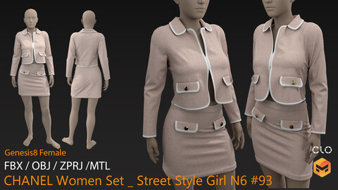 CHANEL Women Set _ Street Style Girl N6 #93 _ MarvelousDesigner/CLO Project Files+fbx+obj+mtl _ Genesis8Female