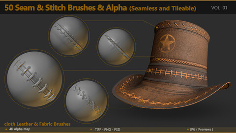 50 Seam & Stitch Brushes & Alpha ( Tileable 4K - 16 bit )