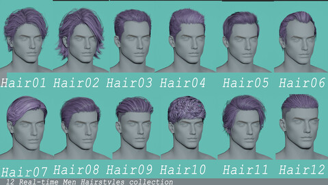 12 Real-time men Hairstyles collection 02 hair stylized anime head man male blonde brunette beautiful wig character hairstyle haircut human real time ingame unreal lowpoly