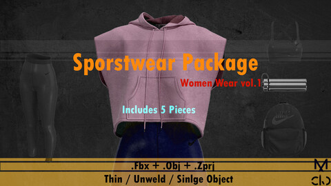 Female Sportswear, Hoodie, Crop top, flask, backpack + MD/Clo3d + obj + fbx