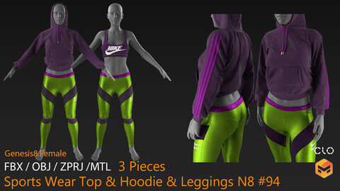 Sports Wear Top & Hoodie & Leggings N8 #94 _ MarvelousDesigner/CLO Project Files+fbx+obj+mtl _ Genesis8Female