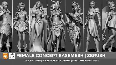 Stylized Character Bundle | Fantasy Concept Base Meshes | Reference Pose + T-Pose for Character creation.
