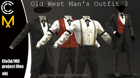 Old West Man's Outfit 3. Marvelous Designer/Clo3d project + OBJ.