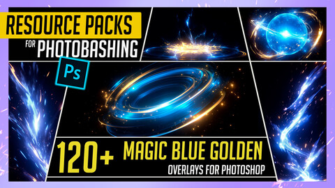 PHOTOBASH 120+ Magic Blue Golden Overlay Effects Resource Pack Photos for Photobashing in Photoshop