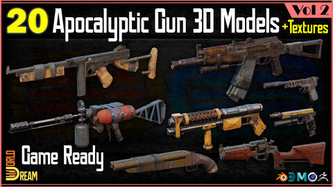 20 Apocalyptic Gun 3D Models with Textures | Game Ready | Vol 2