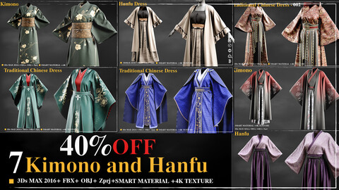 7 Kimono and Hanfu dress /Marvelous Designer / 4k Textures/Smart material