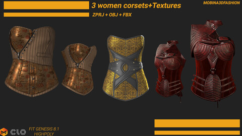 3 Women Corsets- MD/Clo3d (ZPRJ + OBJ + FBX) + Textures