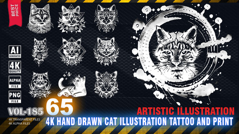 65 4K HAND DRAWN CAT TATTOO AND PRINT ILLUSTRATION - ARTISTIC ILLUSTRATION - HIGH END QUALITY RES - (TRANSPARENT & ALPHA) - VOL185