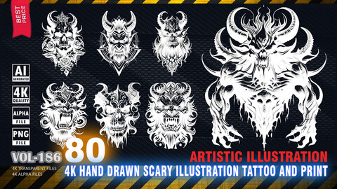 80 4K HAND DRAWN SCARY TATTOO AND PRINT ILLUSTRATION - ARTISTIC ILLUSTRATION - HIGH END QUALITY RES - (TRANSPARENT & ALPHA) - VOL186