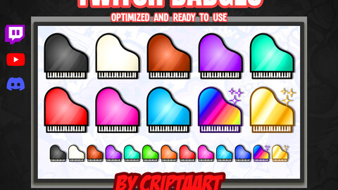 Piano Twitch badges, musical keyboard bit badges, instrument pianist, rock, pop, items for music streamer, discord, kick, tiktok, youtube