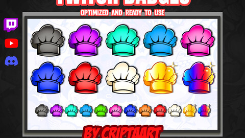 Chef hat Twitch badges, kitchen items bit badges, pastry, cheers, loyalty, channel points, cooking stream, discord, youtube, tiktok