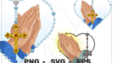 Vector Design of Praying Hands with Heart Shaped Rosary