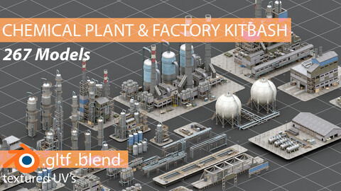 Chemical Plant, Factory & Oil Refinery Modular Kitbash / 265+ 3D Models / Textured / Realistic /.blend, .gltf format