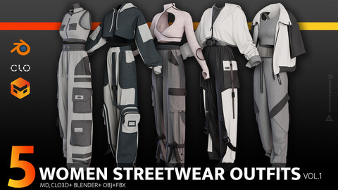 5 WOMEN STREET WEAR OUTFITS ( Vol.01) CLO3D, MD, BLENDER PROJECTS+OBJ+FBX