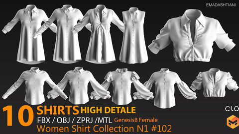Women Shirt Collection N1 #102 _ MarvelousDesigner/CLO Project Files+fbx+obj+mtl _ Genesis8Female