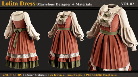 Lolita Dress -MD/Clo3d + Smart Material + 4K Textures + OBJ + FBX (vol 02)