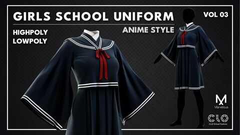 Anime Girls School Uniform 3D Model: High Poly & Game Ready - FBX, OBJ, UV