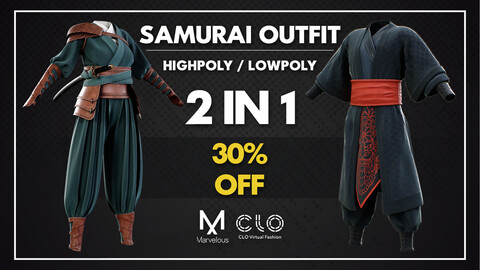 Asian Outfit_Samurai 2in1/ Marvelous Designer , Clo3D Project + OBJ , FBX (Low Poly)