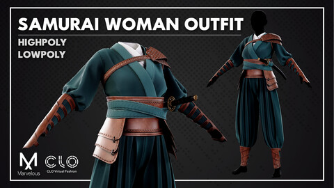 Samurai Woman Outfit - High & Low Poly Models with Genesis 8.1 Female Base