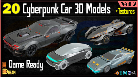 20 Cyberpunk Car 3D Models with Textures | Game Ready | Vol 2