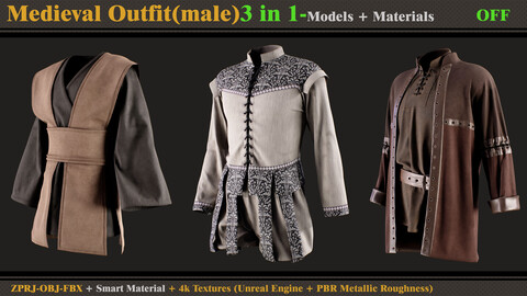 3 in 1 Medieval Outfit-MALE-MD/Clo3d (OBJ + FBX +ZPRJ) + Smart Material + Textures (SINGLE & PACK)