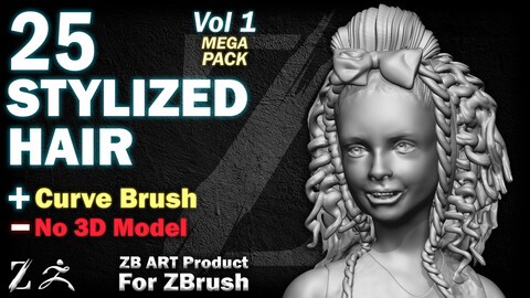 25 ZB ART Stylized Hair For ZBrush (Curve Brush) - Vol 1