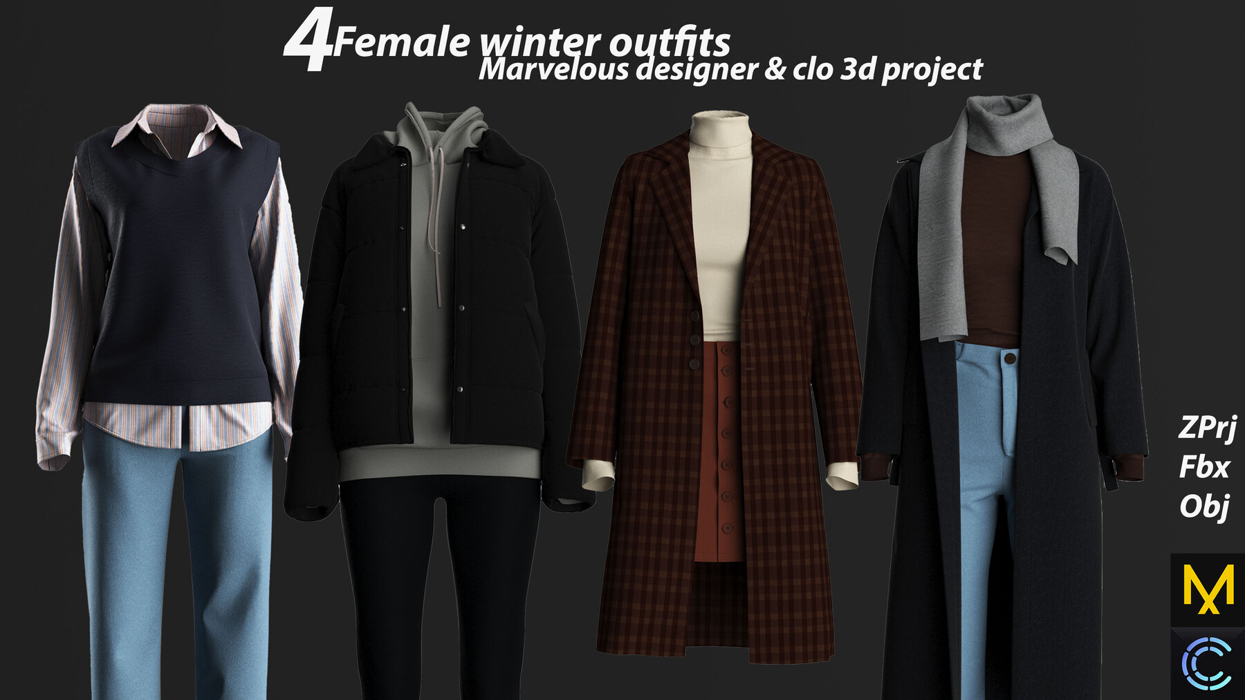 ArtStation - 4 female winter outfits(marvelous designer & clo3d project ...