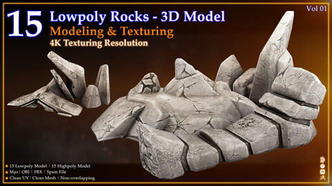 +15 Lowpoly Rock 3D Model - Vol 01